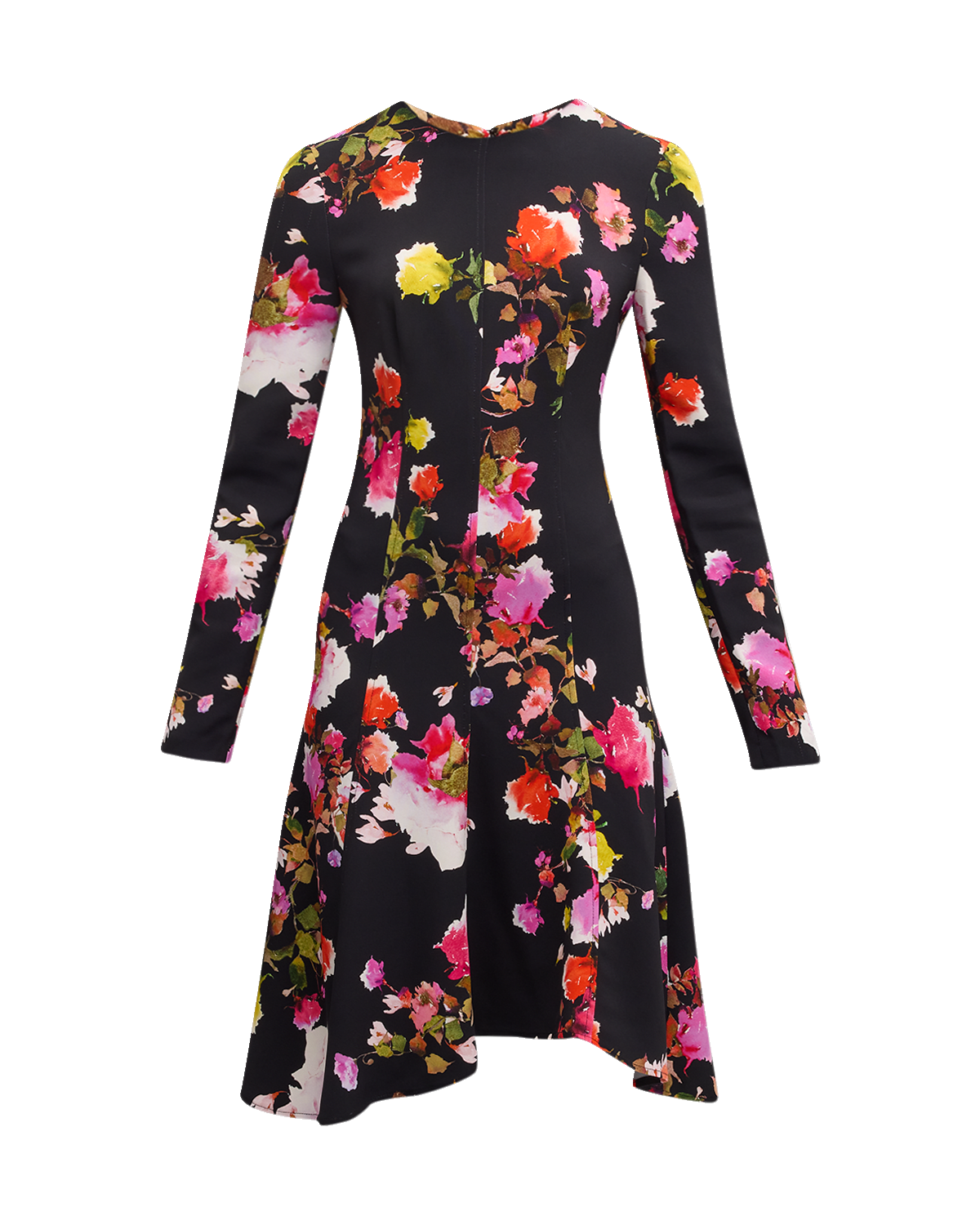 Monique Lhuillier Floral-Print Paneled Long-Sleeve Handkerchief Cady Dress