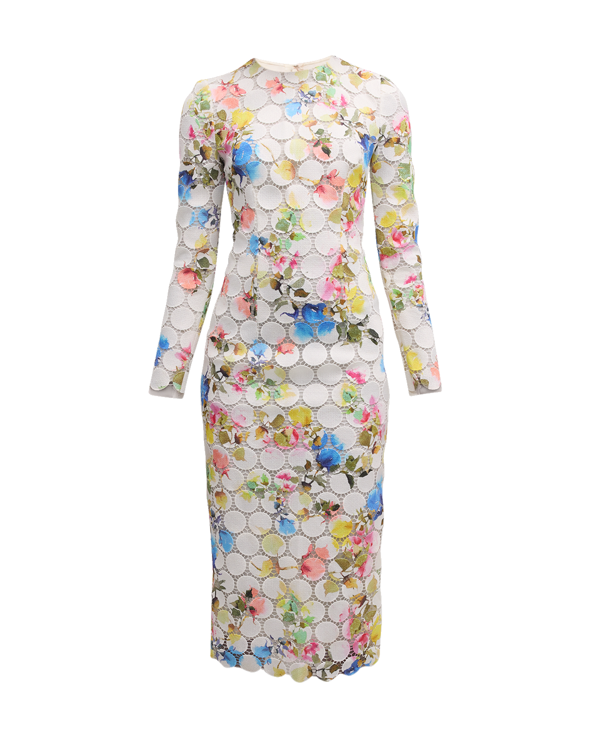 Monique Lhuillier Floral-Print Circle Lace Long-Sleeve Midi Dress
