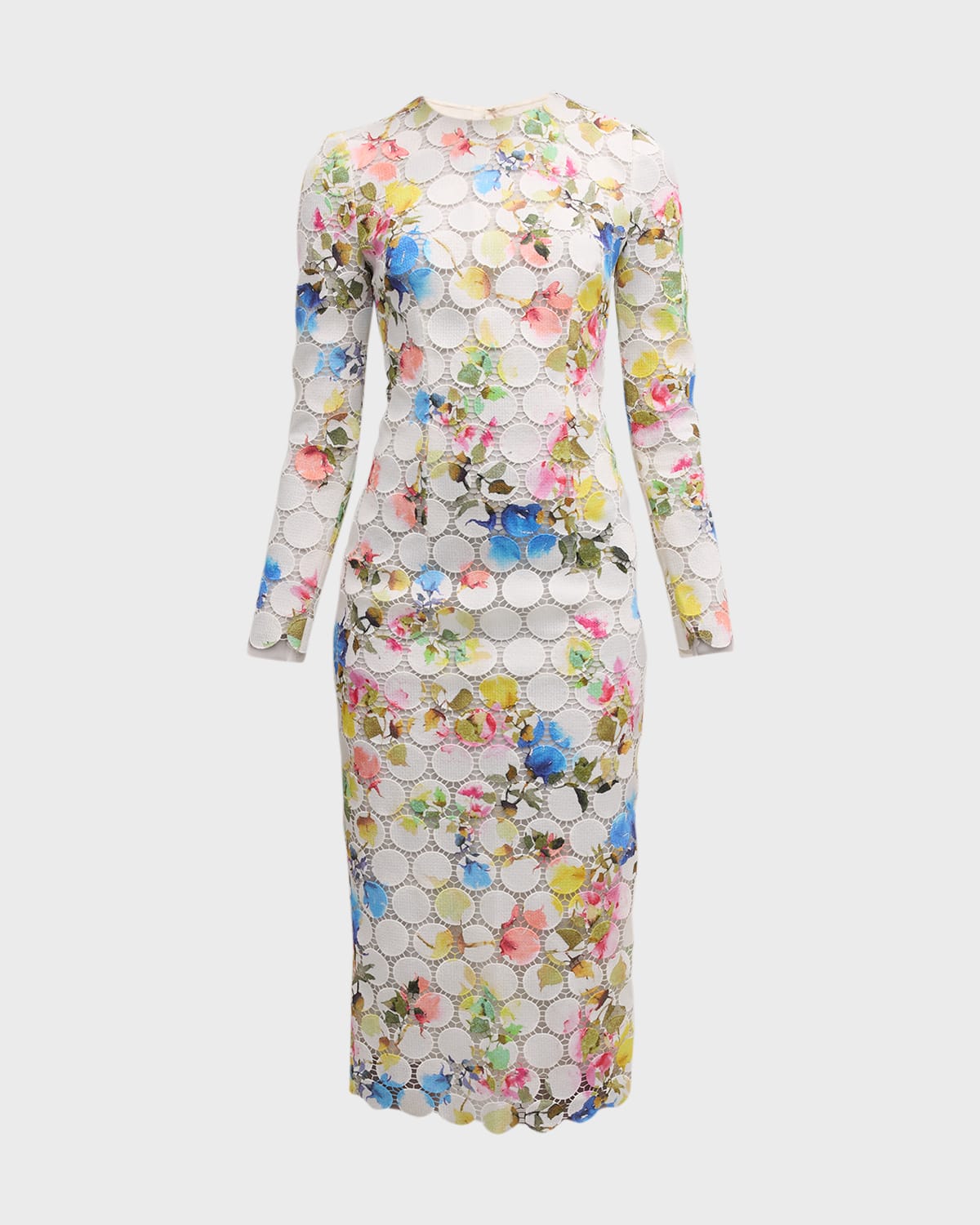 Monique Lhuillier Floral-Print Circle Lace Long-Sleeve Midi Dress
