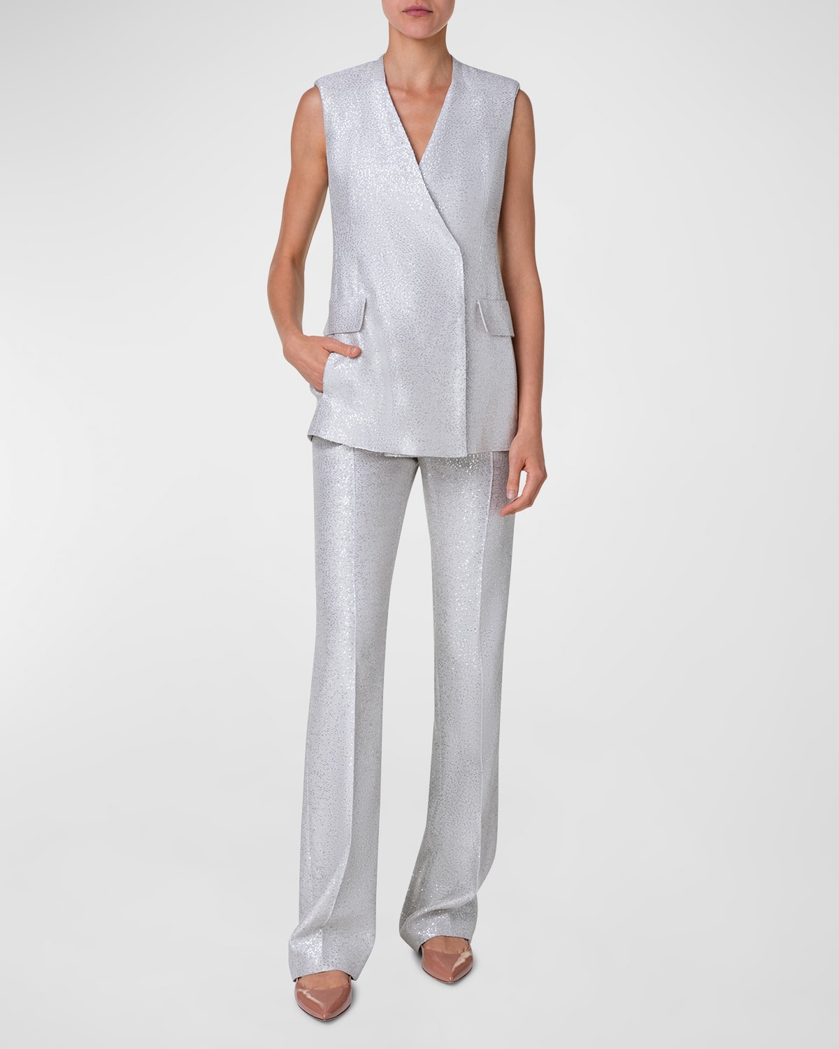 Akris Teresa Sequin Linen Double-Breasted Vest