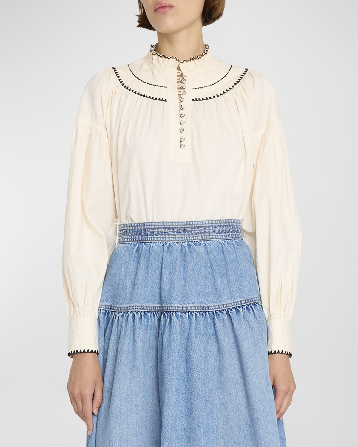Ulla Johnson Lennie Embroidered Bishop-Sleeve Poplin Blouse