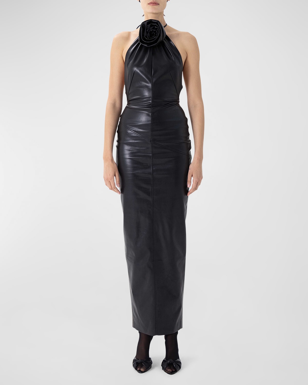 Ronny Kobo Danz Vegan Leather Rosette Long Halter Dress