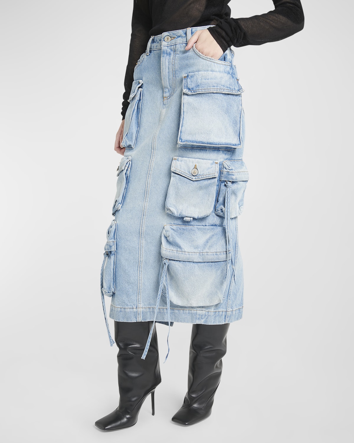 The Attico High-Waist Denim Cargo Midi Skirt