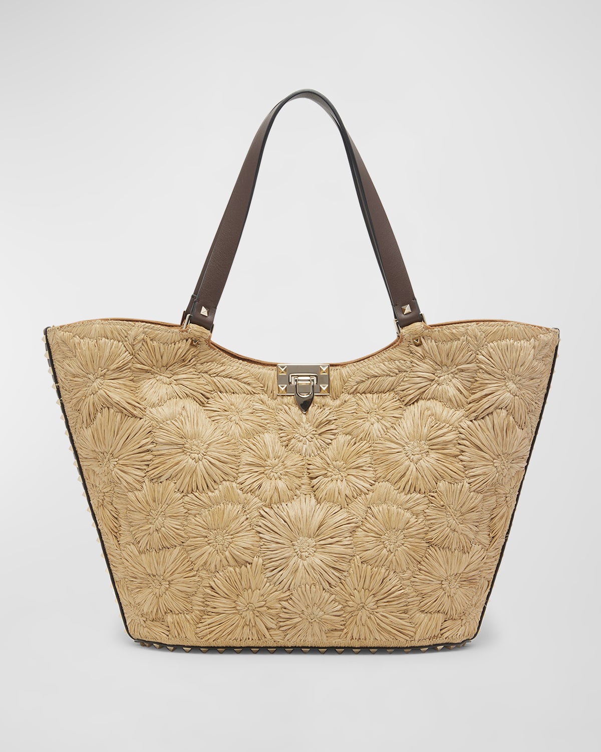 Valentino Garavani Garden Flower Rockstud Straw Tote Bag
