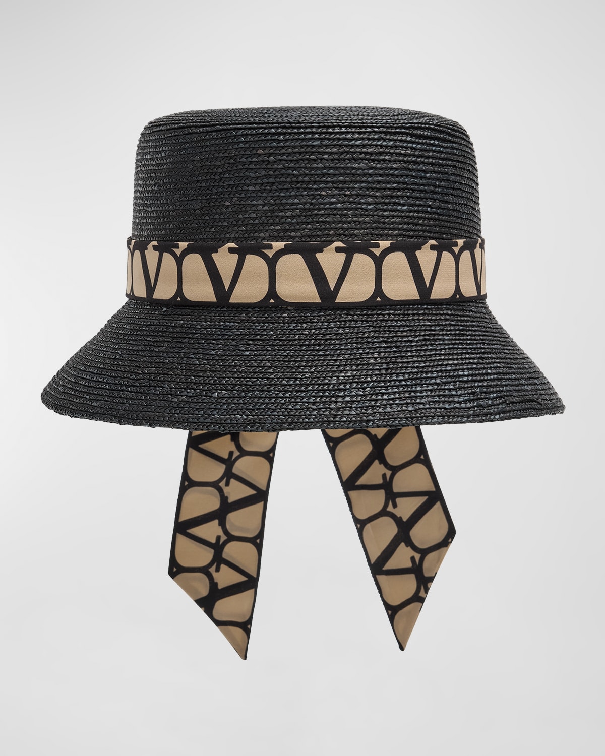 Valentino Garavani Toile Iconographe Straw Bucket Hat With V-Logo Scarf