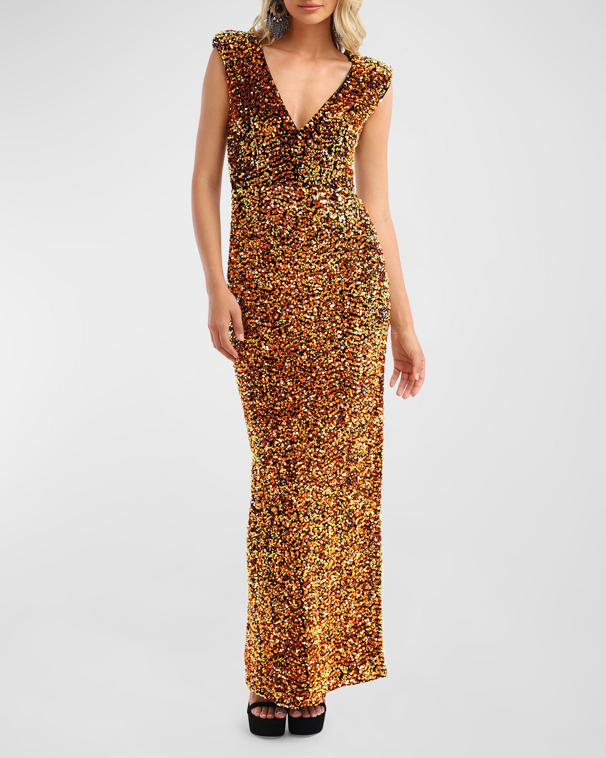 HELSI Alondra Cap-Sleeve Sequin Column Gown
