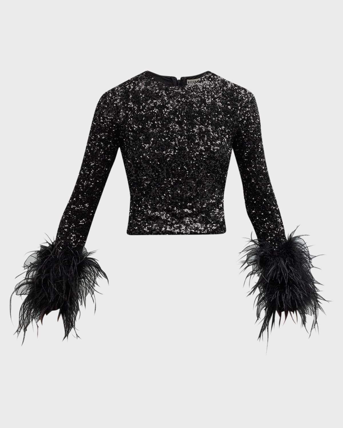 Alice + Olivia Delaina Sequined Feather-Cuff Top
