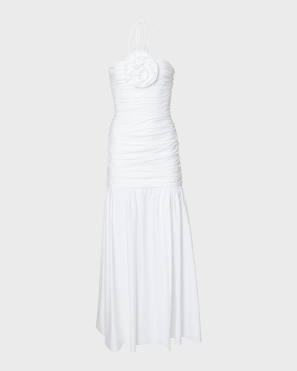 Carolina Herrera Halter Gathered Bodice Drop Waist Midi Dress with Floral Applique