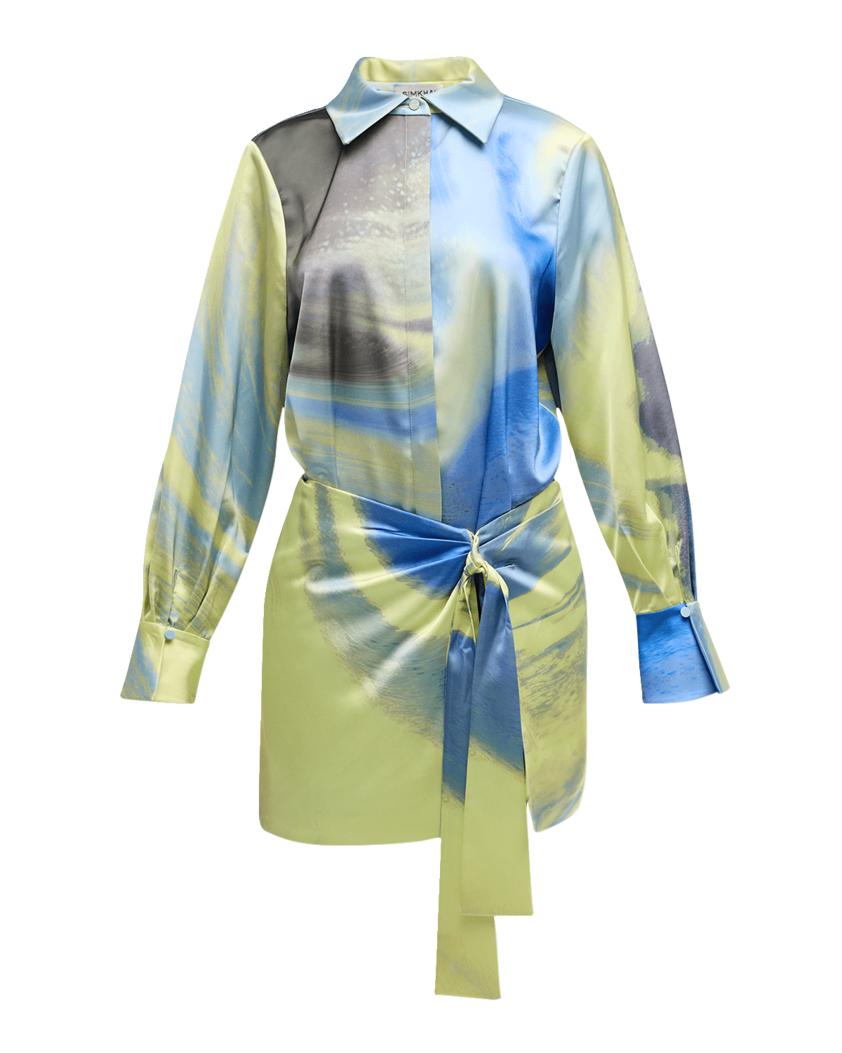 SIMKHAI Lanie Long-Sleeve Waist-Tie Mini Shirtdress