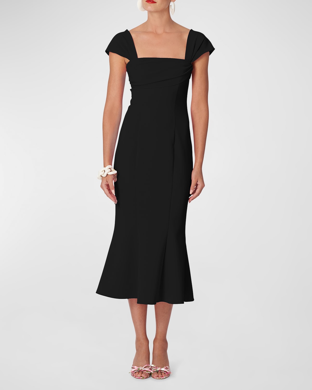 Carolina Herrera Square Neck Trumpet Midi Dress with Cap Sleeves