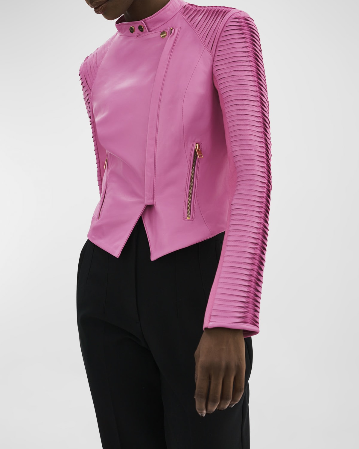LaMarque Azra Asymmetric Striped-Sleeve Leather Moto Jacket