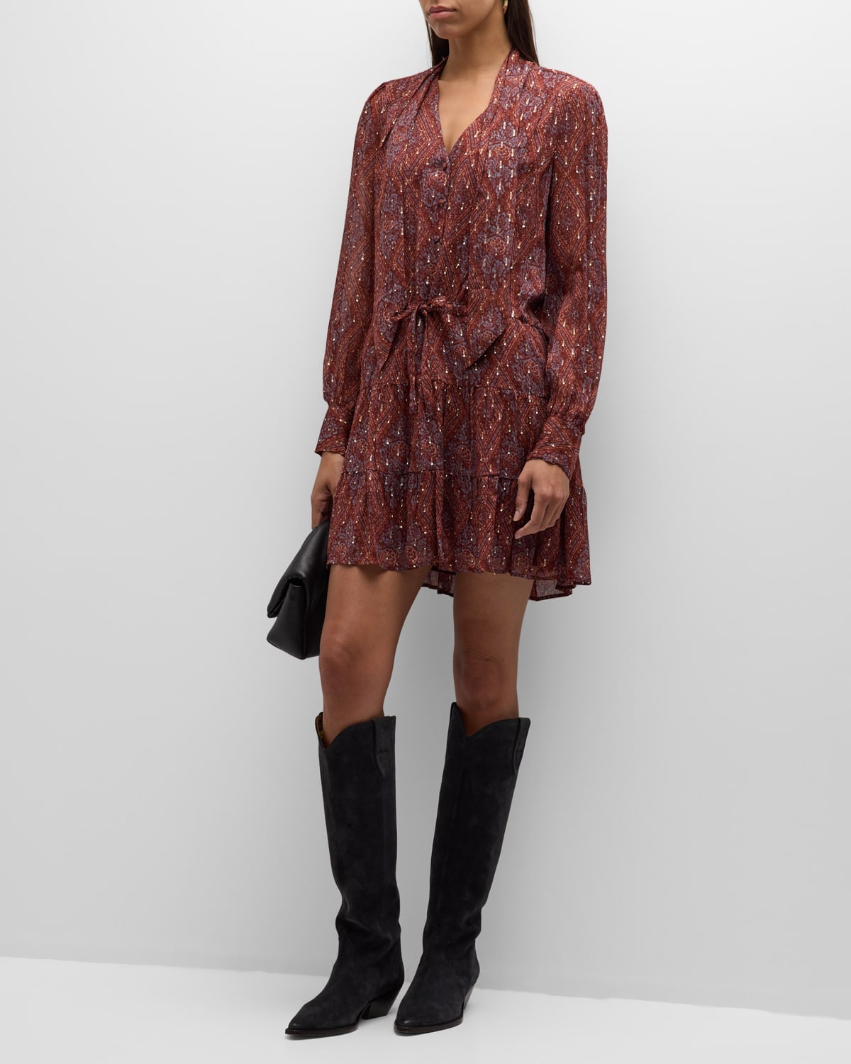 PAIGE Cleobelle Printed Long-Sleeve Tie-Neck Mini Dress