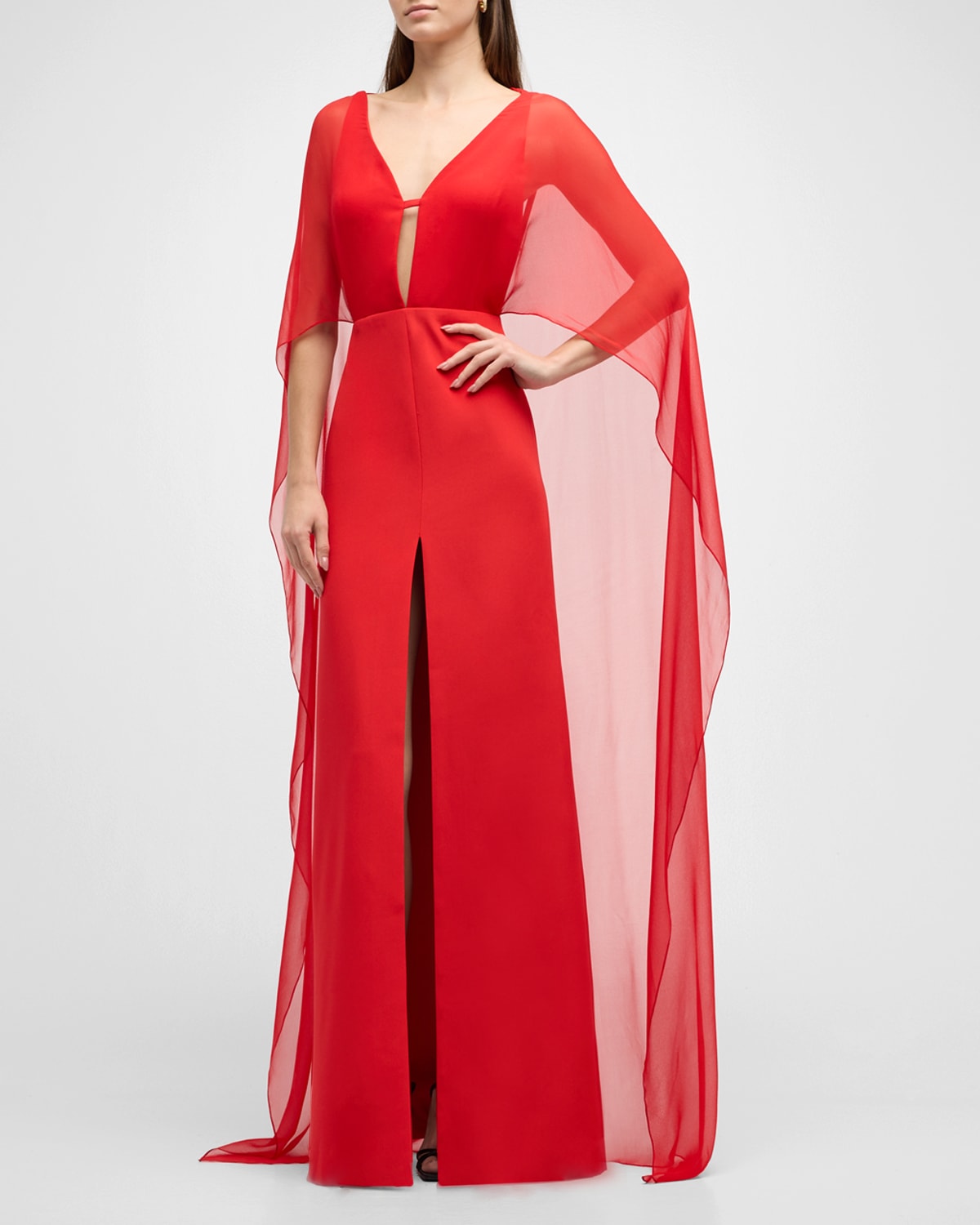 KOLTSON Plunging Chiffon-Cape Slit-Front Crepe Evening Gown