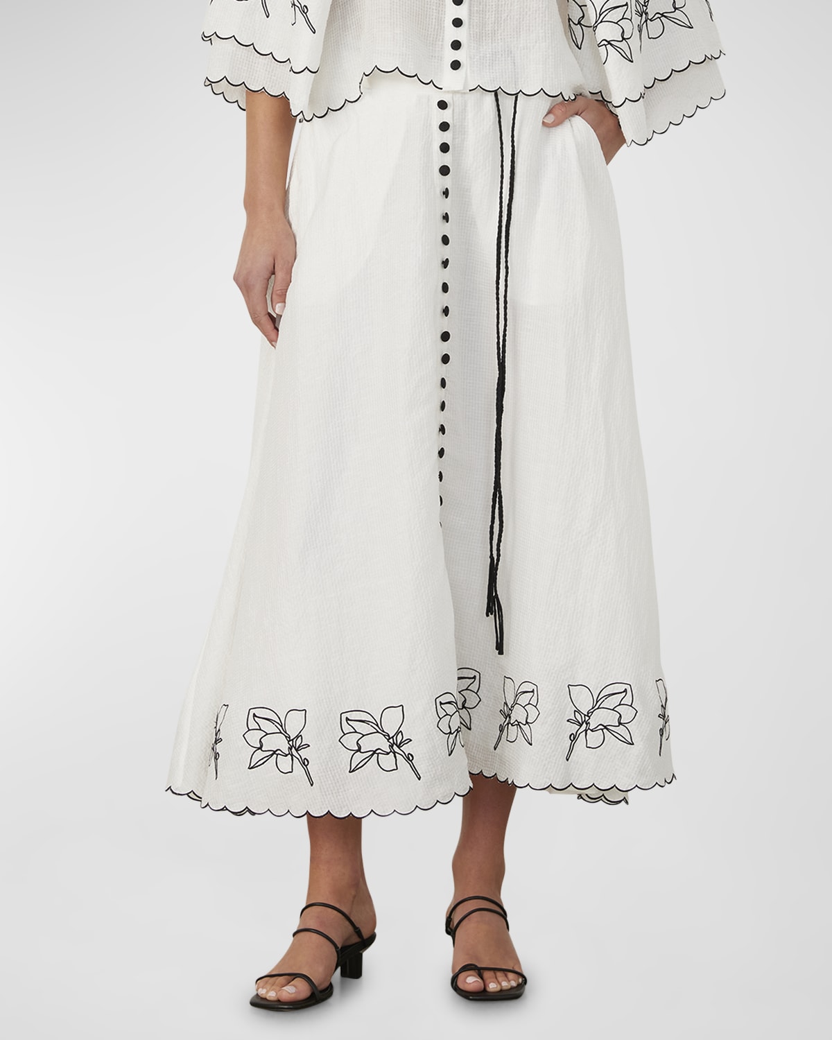 JOSLIN Grace Floral-Embroidered Seersucker Midi Skirt