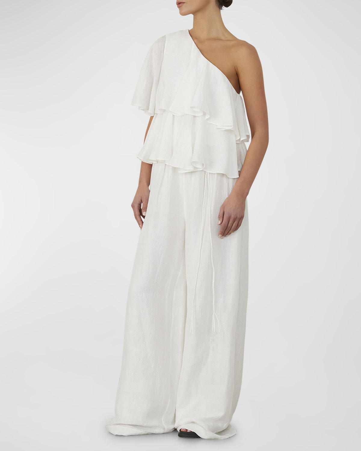 JOSLIN Susie One-Shoulder Ruffle Tiered Seersucker Top