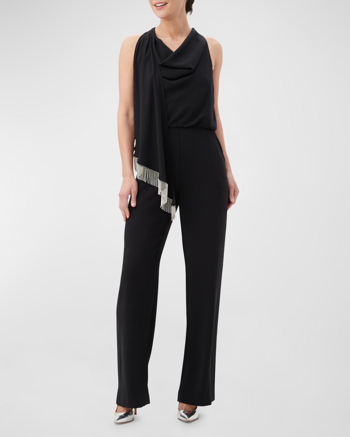 Trina Turk Momo Cowl-Neck Draped Fringe-Trim Jumpsuit