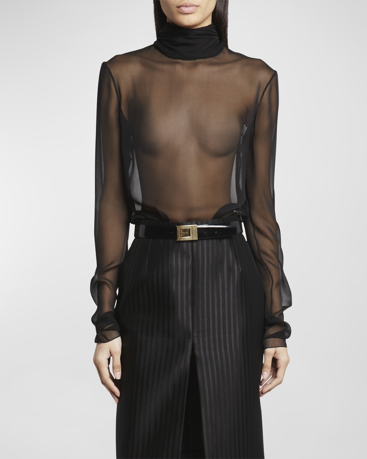 Saint Laurent Long-Sleeve Back-Drape Sheer Chiffon Blouse