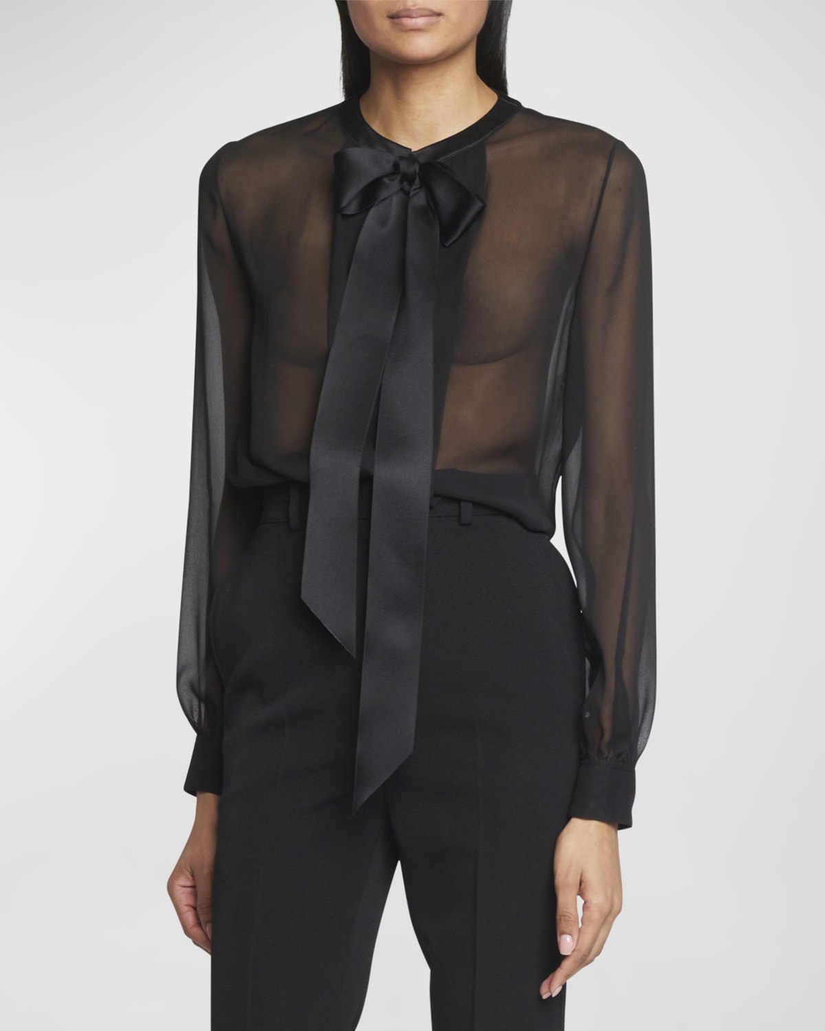 Saint Laurent Bow-Neck Silk Chiffon Blouse