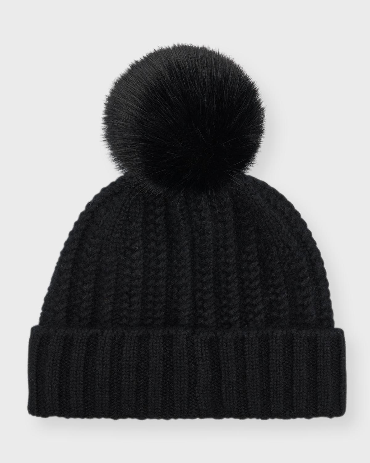 Sofia Cashmere Braided Knit Cashmere Beanie With Faux Fur Pom