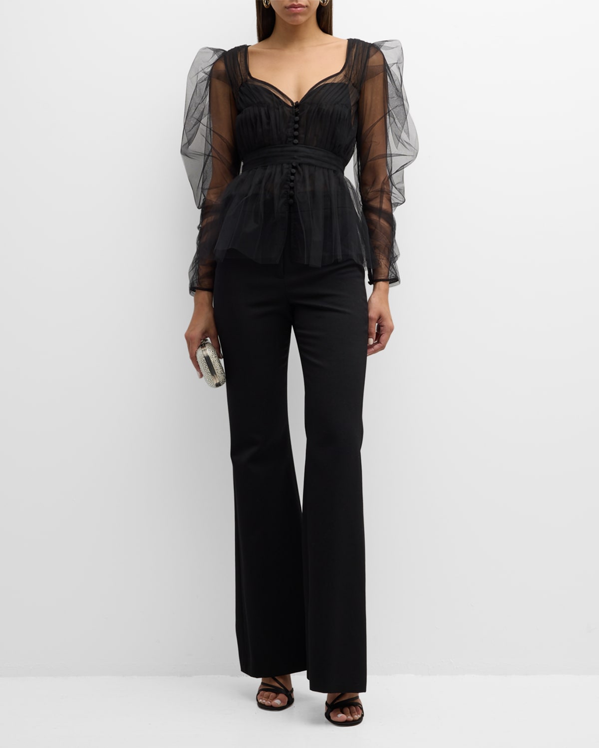 Carolina Herrera Puff Long-Sleeve V-Neck Button-Front Tulle Top