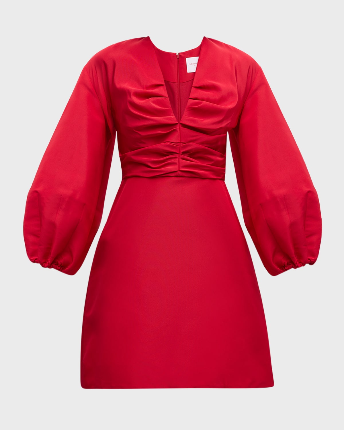 Carolina Herrera Ruched Plunging Balloon-Sleeve Mini Dress