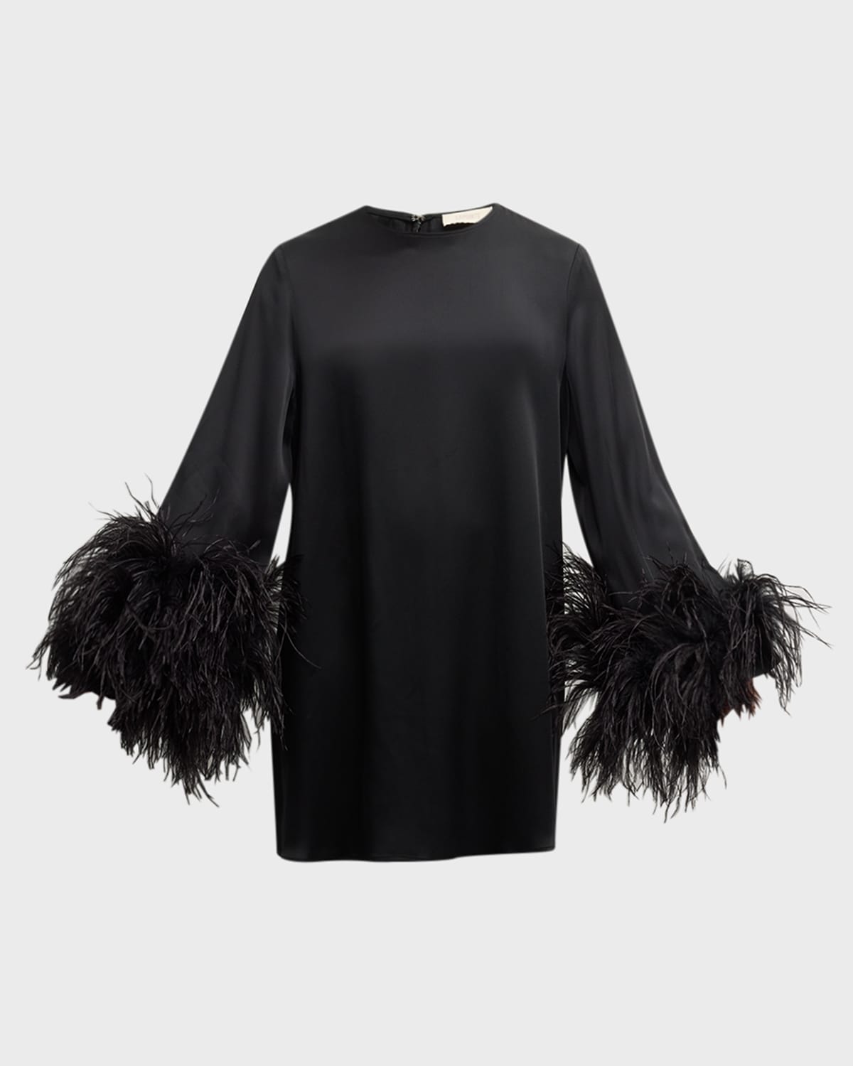 LAPOINTE Feather-Trim Long-Sleeve Satin Mini Shift Dress