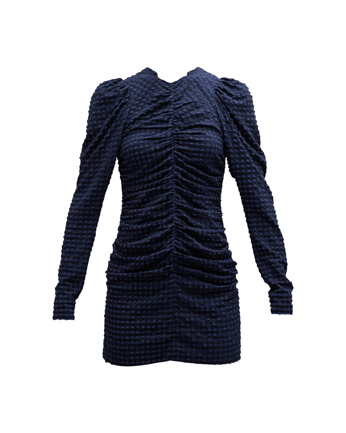 Ganni Ruched Long-Sleeve Seersucker Mini Dress