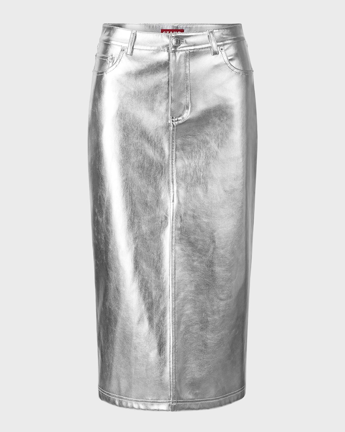 STAUD Oaklyn Metallic Denim-Style Midi Skirt