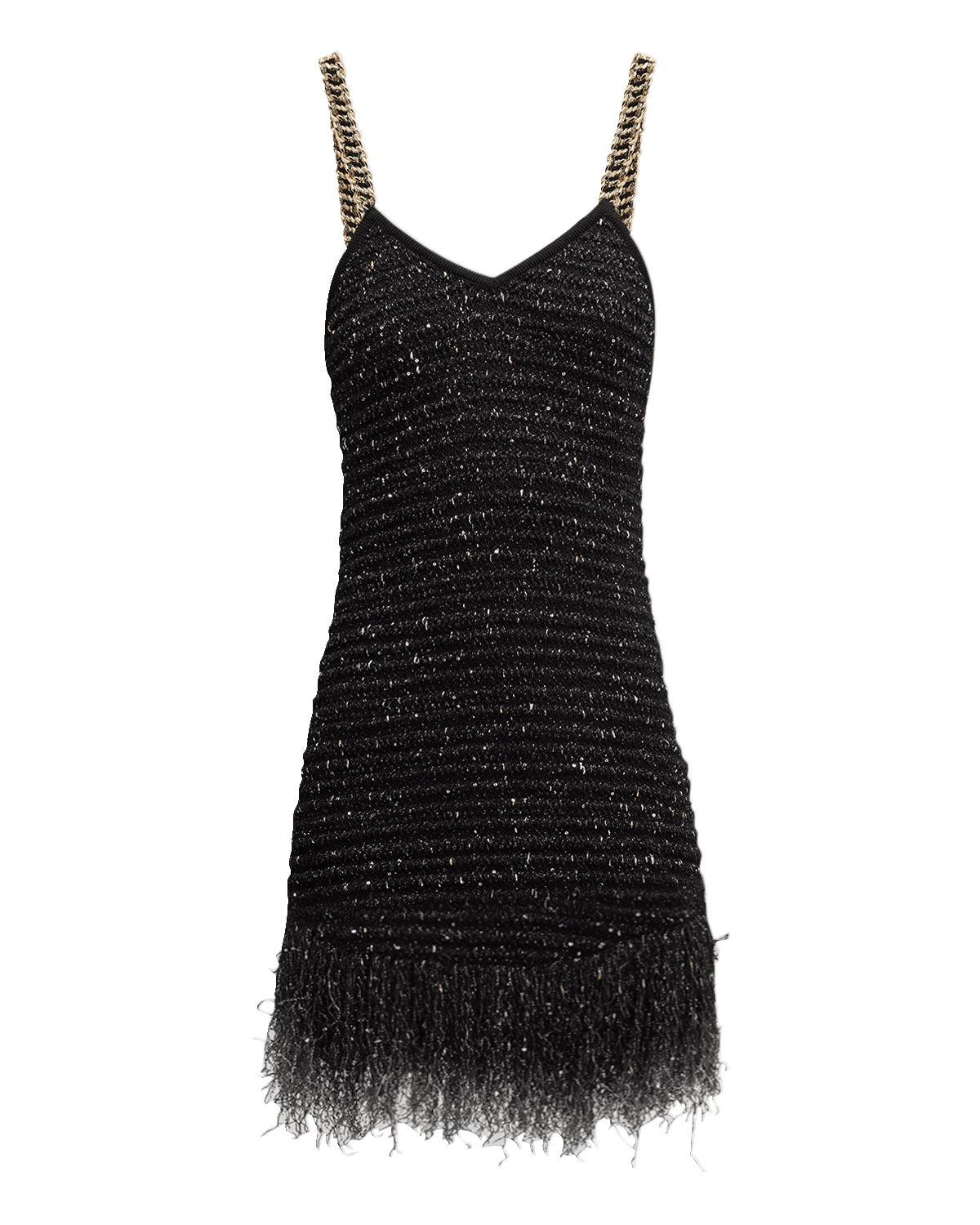 Balmain Fringed Hem Tweed Mini Dress with Chain Straps