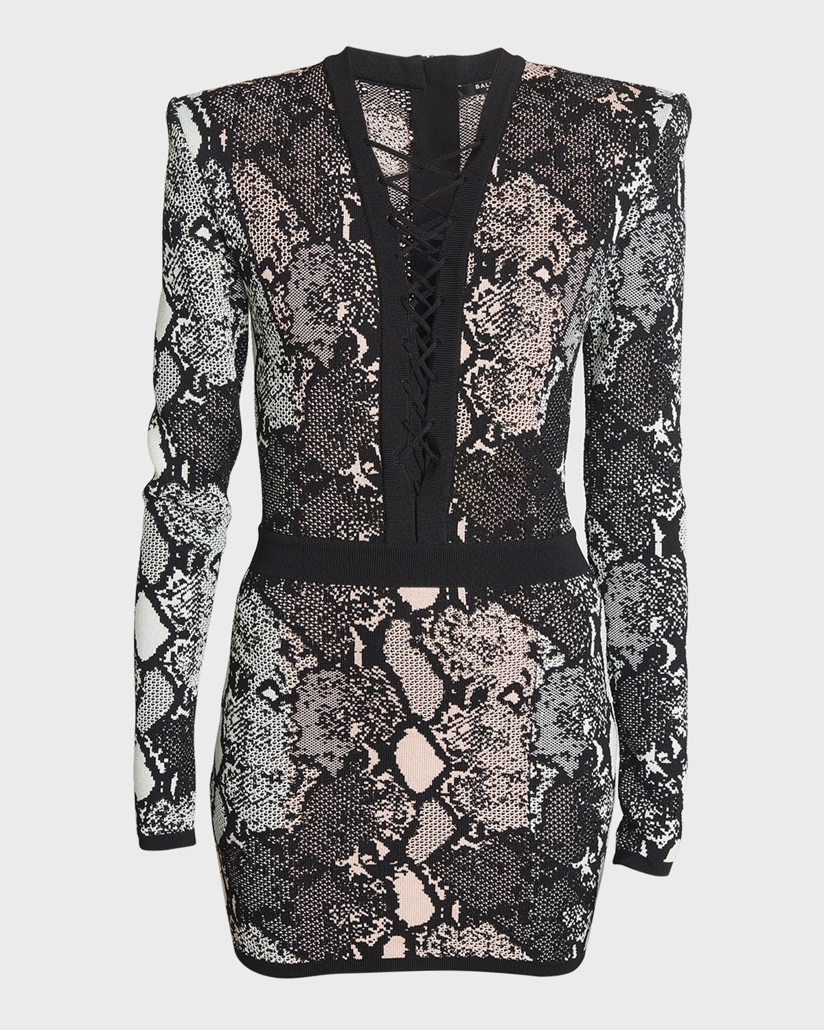Balmain Long-Sleeve Laced V-Neck Python Short Dress