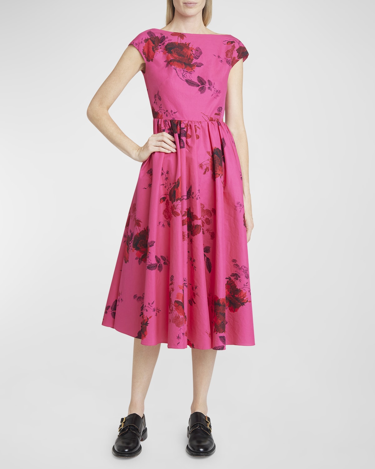 Erdem Cap-Sleeve Pleated-Hem Midi Dress