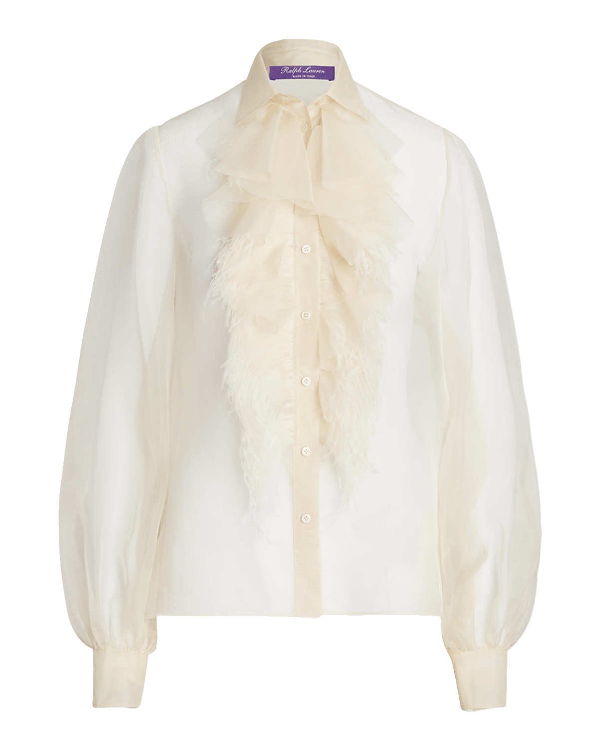 Ralph Lauren Collection Dylon Ruffle-Bib Feather-Trim Organza Collared Shirt