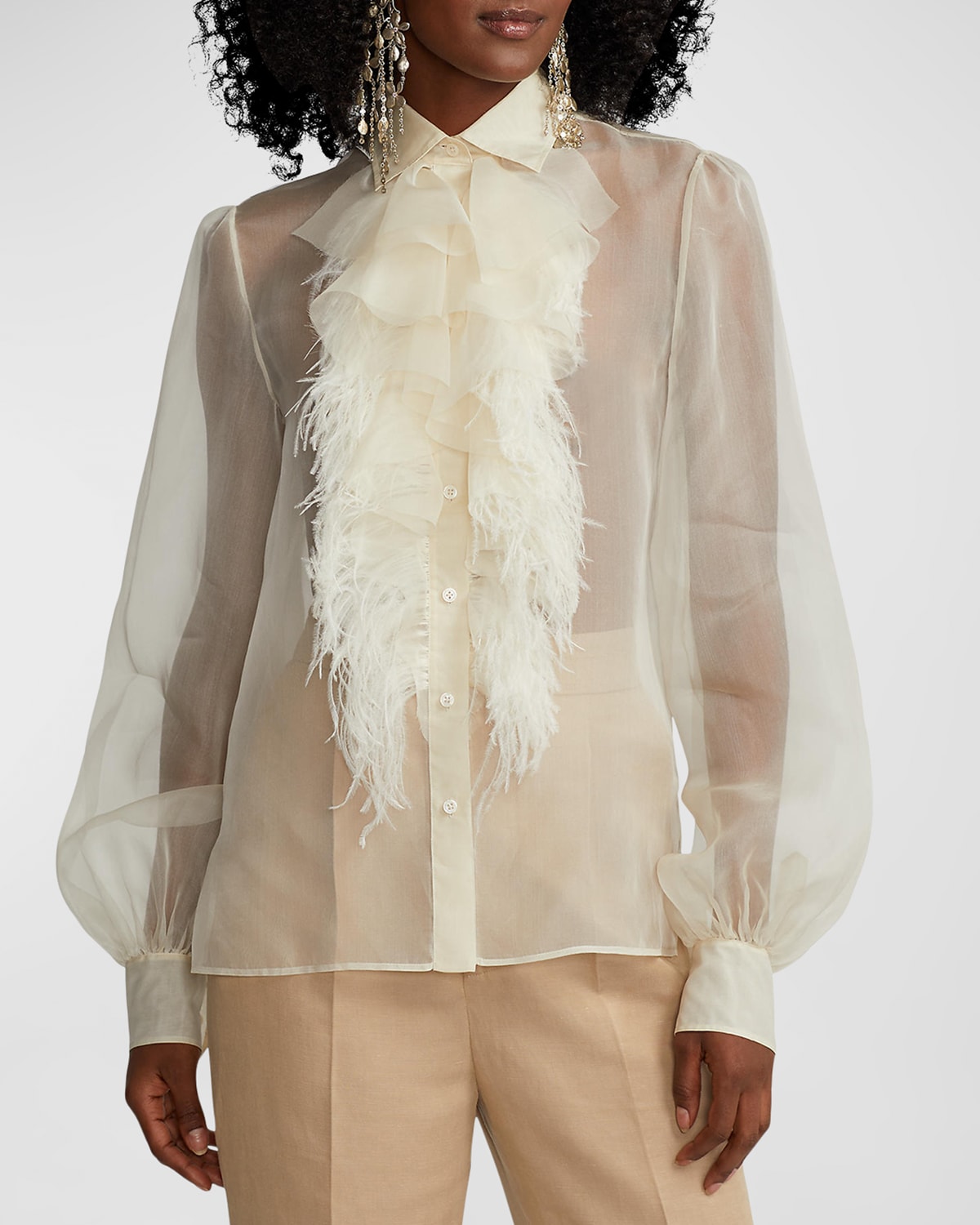 Ralph Lauren Collection Dylon Ruffle-Bib Feather-Trim Organza Collared Shirt