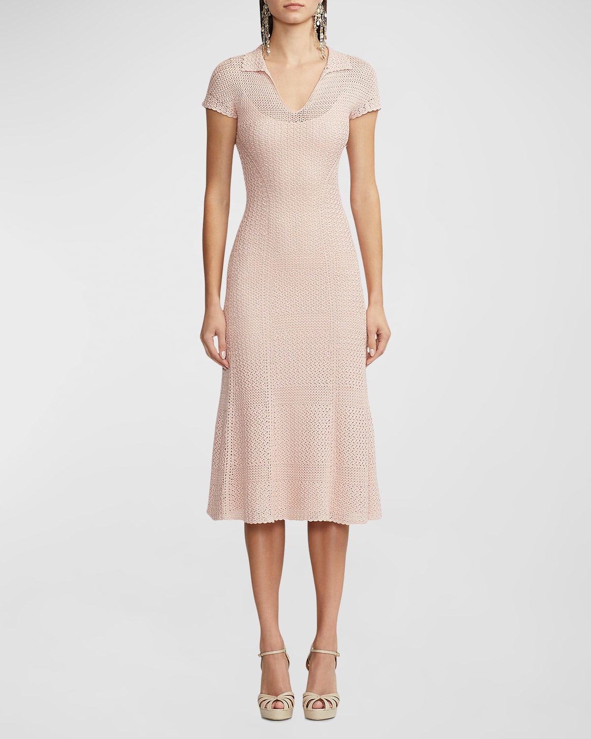 Ralph Lauren Collection Cap-Sleeve Crochet Knit Midi Polo Dress
