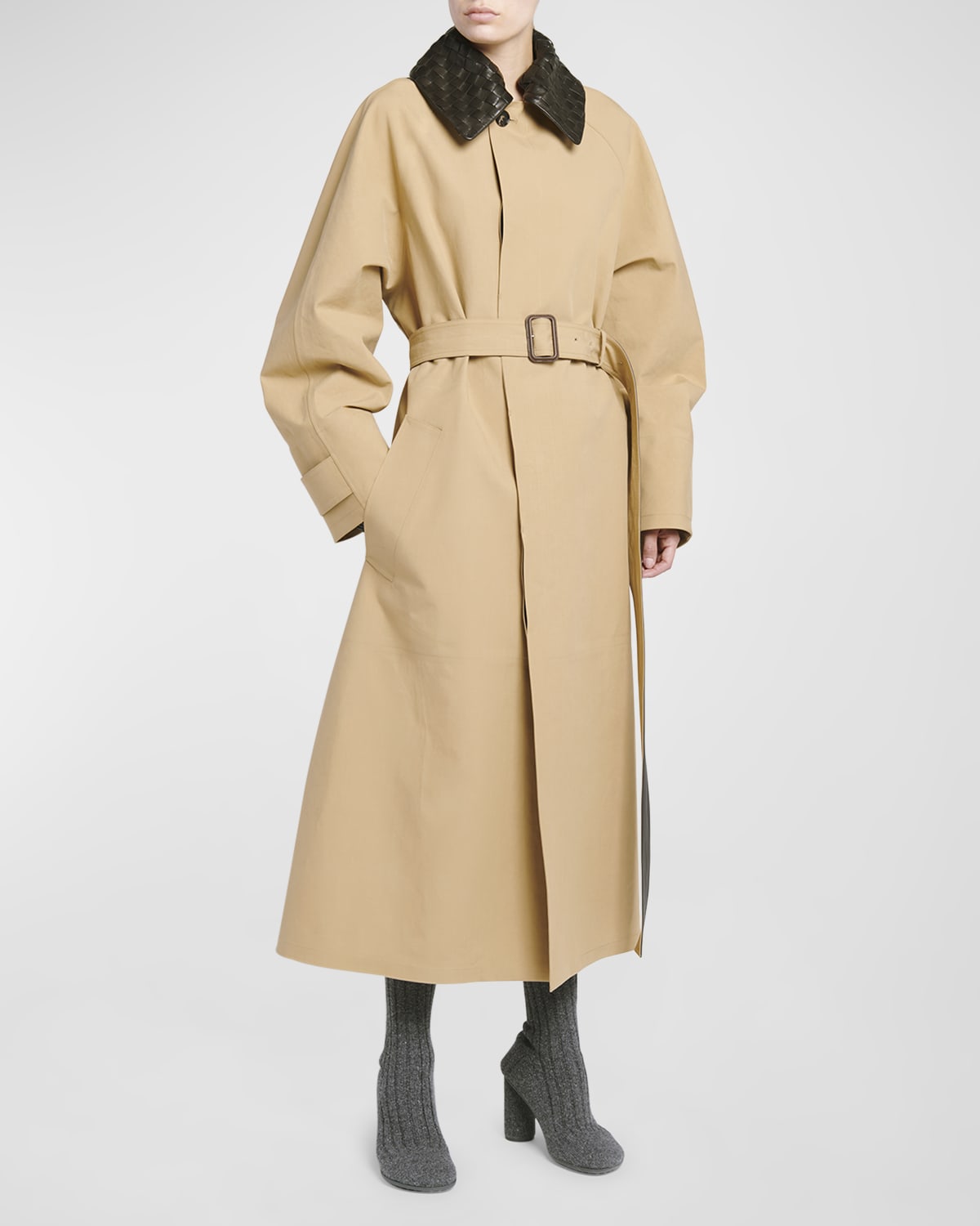 Bottega Veneta Waterproof Cotton Belted Trench Coat with Leather Collar