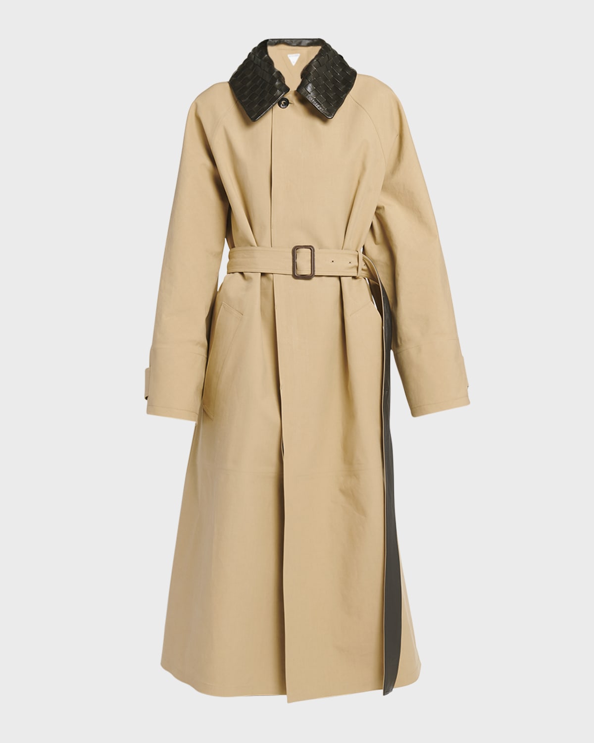 Bottega Veneta Waterproof Cotton Belted Trench Coat with Leather Collar