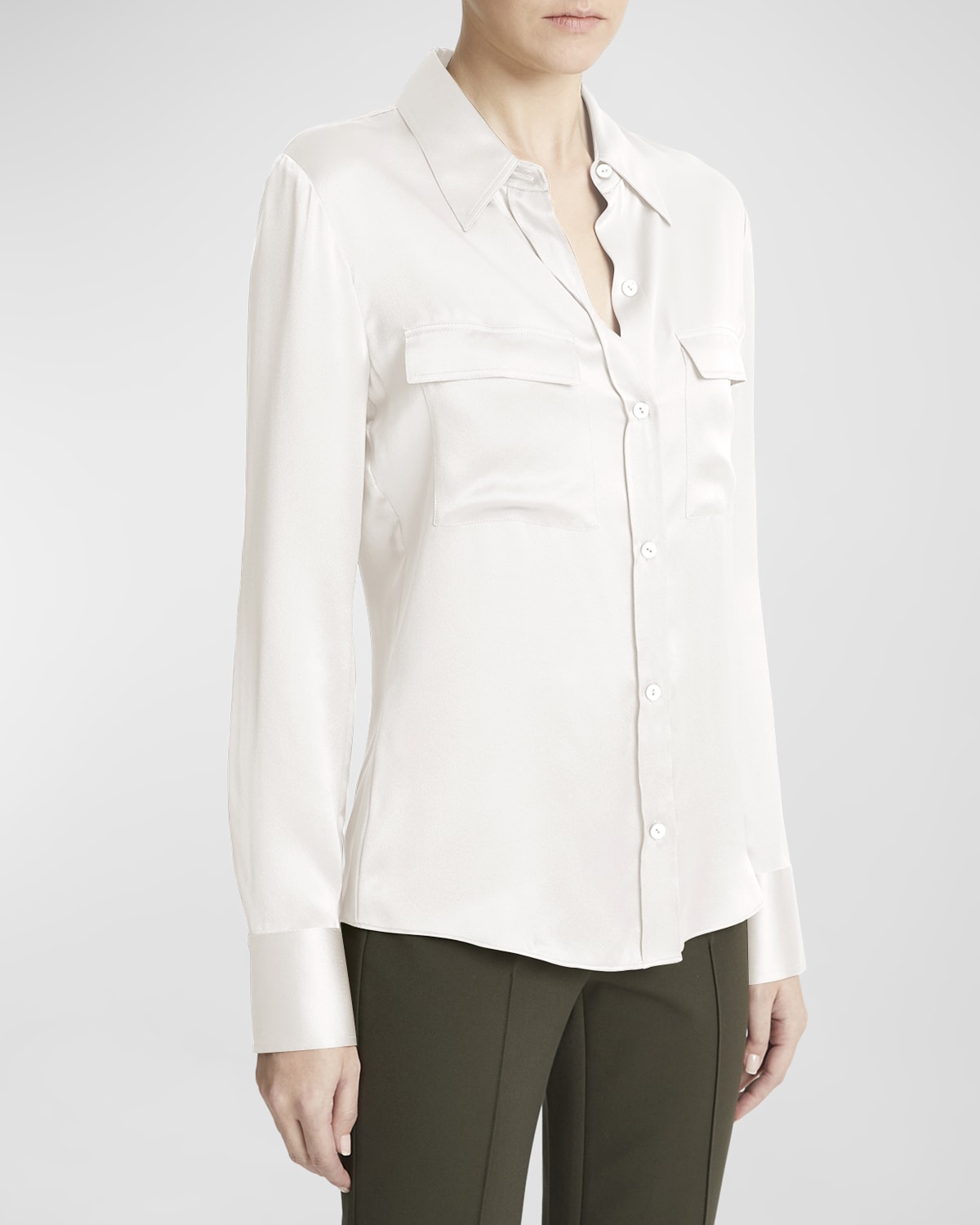 Vince Silk Chest Pocket Long-Sleeve Blouse