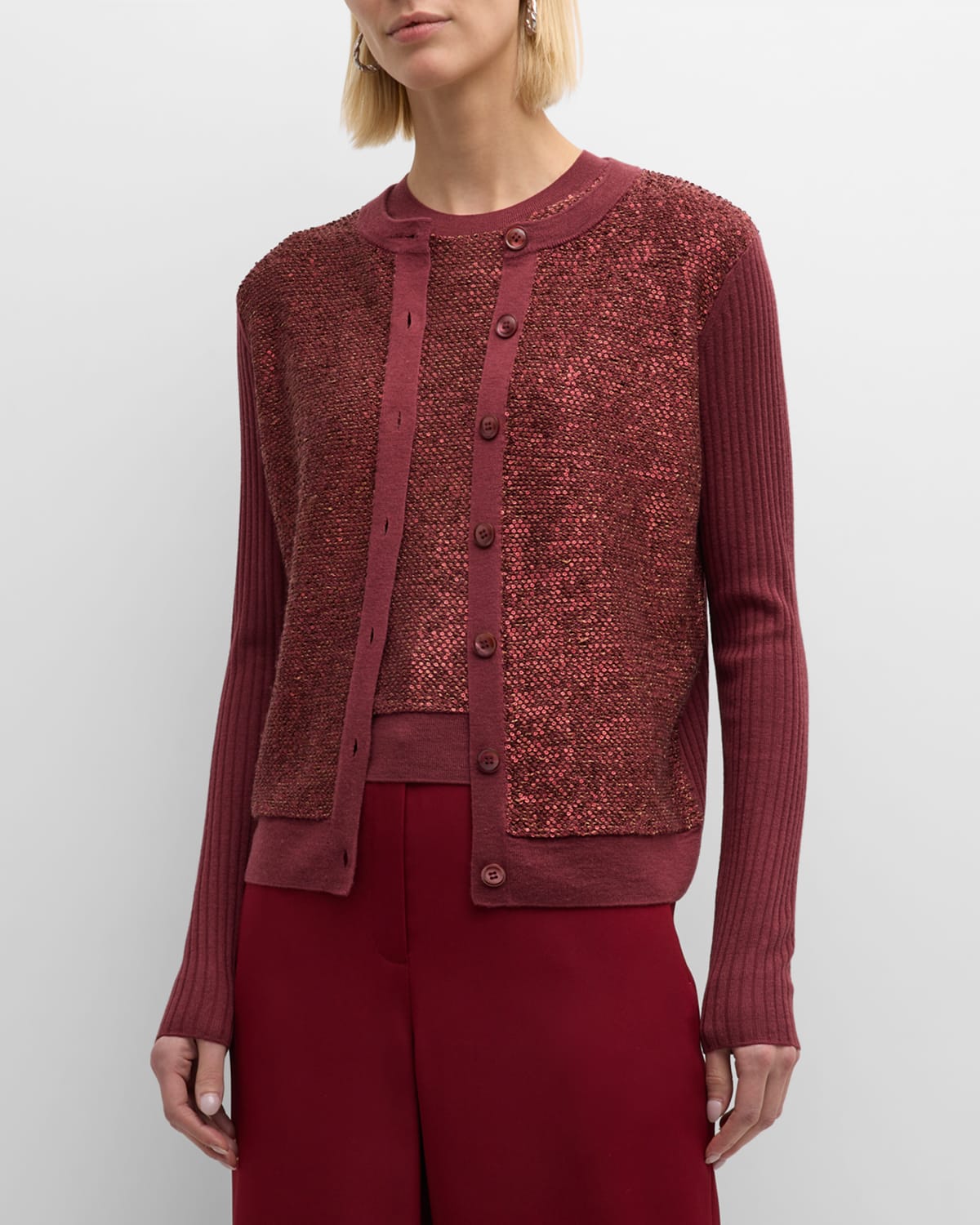 St. John Sequin Knit Crewneck Cardigan With Rib Back And Sleeves