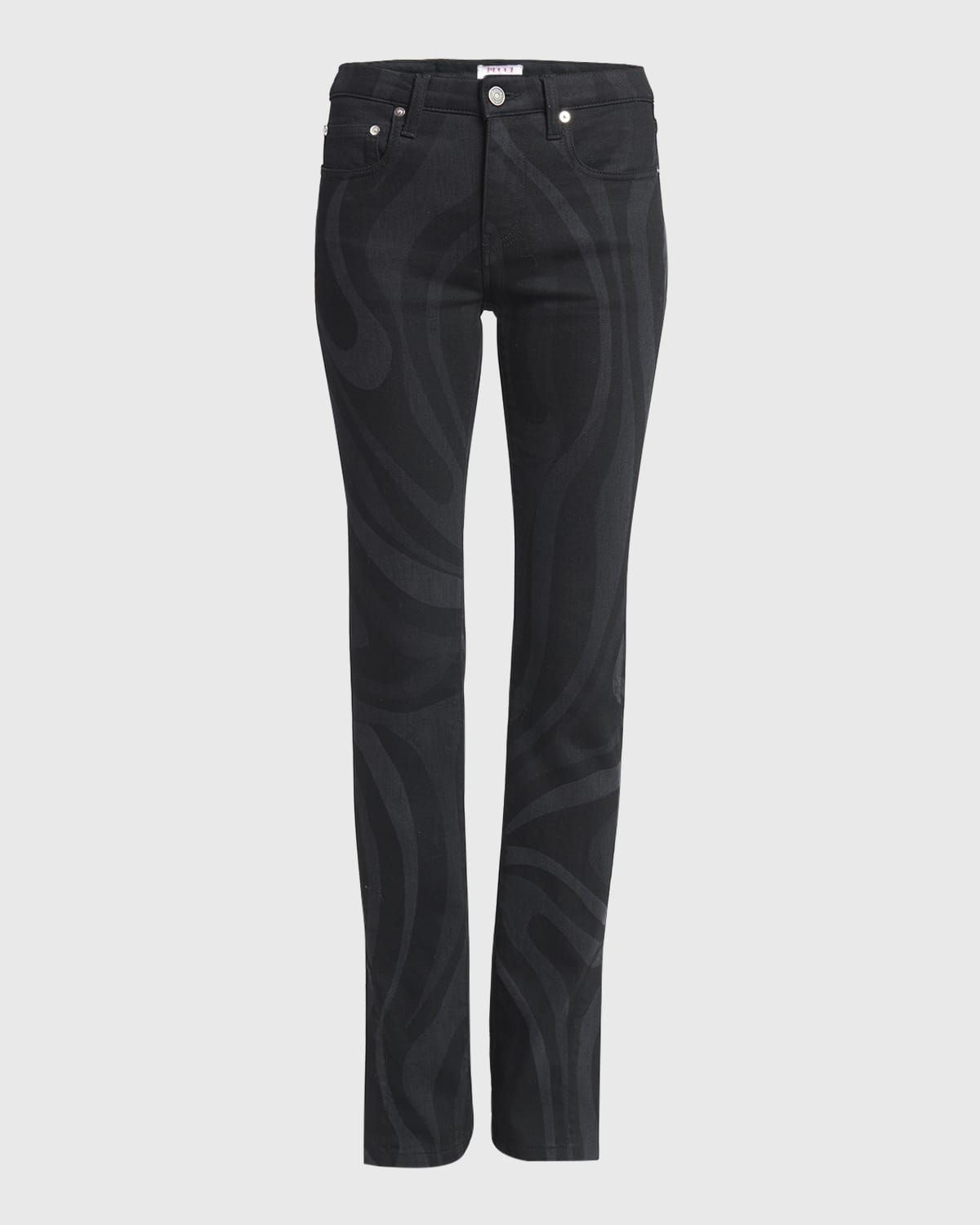 Emilio Pucci Mid-Rise Wavy-Print Straight-Leg Slits-Hem Denim Trousers