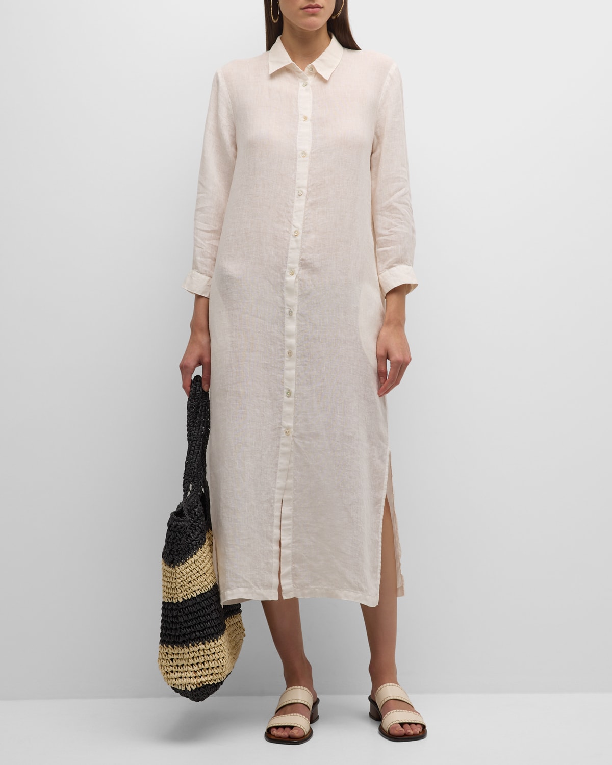 120% Lino 3/4-Sleeve Linen Midi Shirtdress