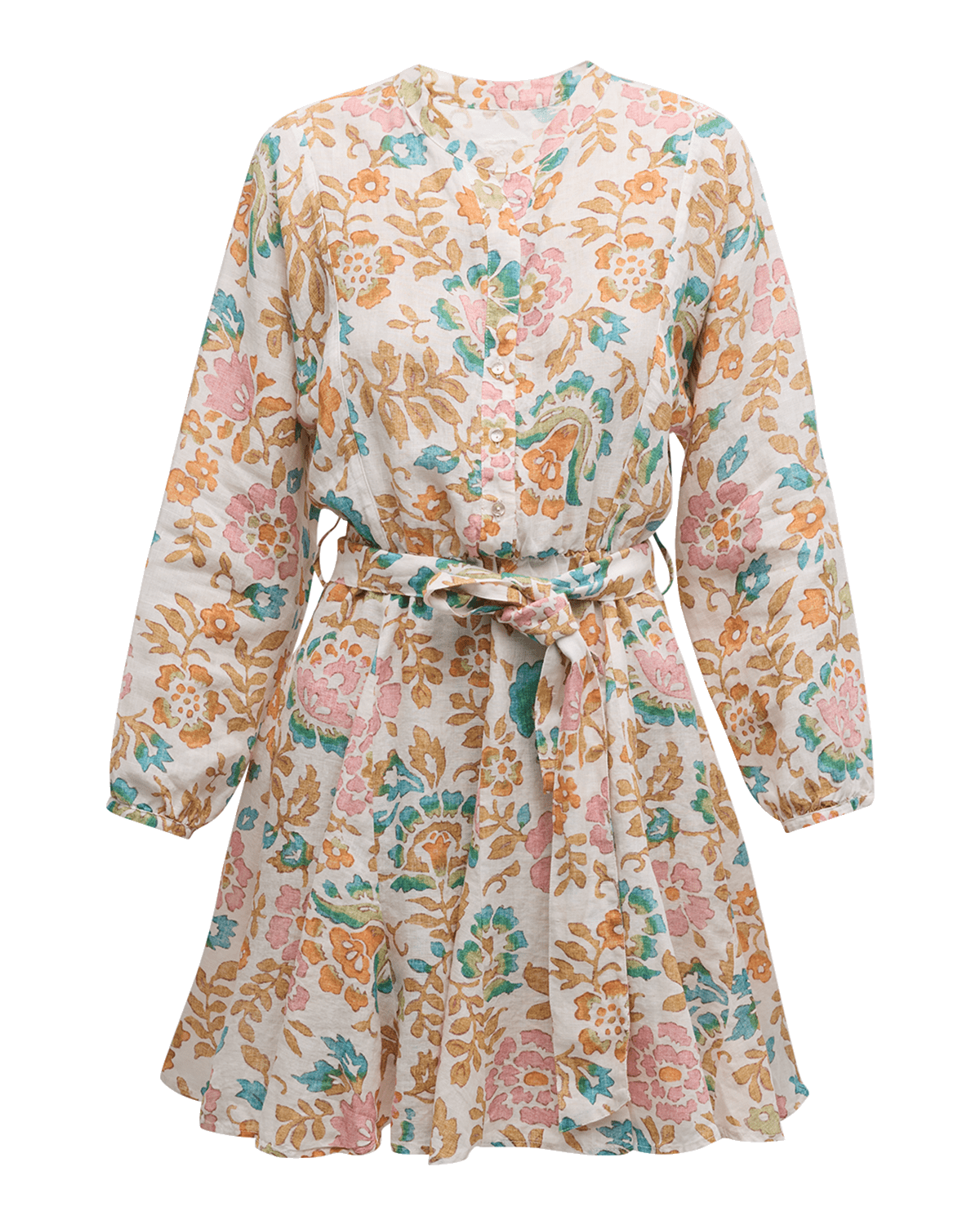 120% Lino Floral-Print Fit-&-Flare Mini Shirtdress
