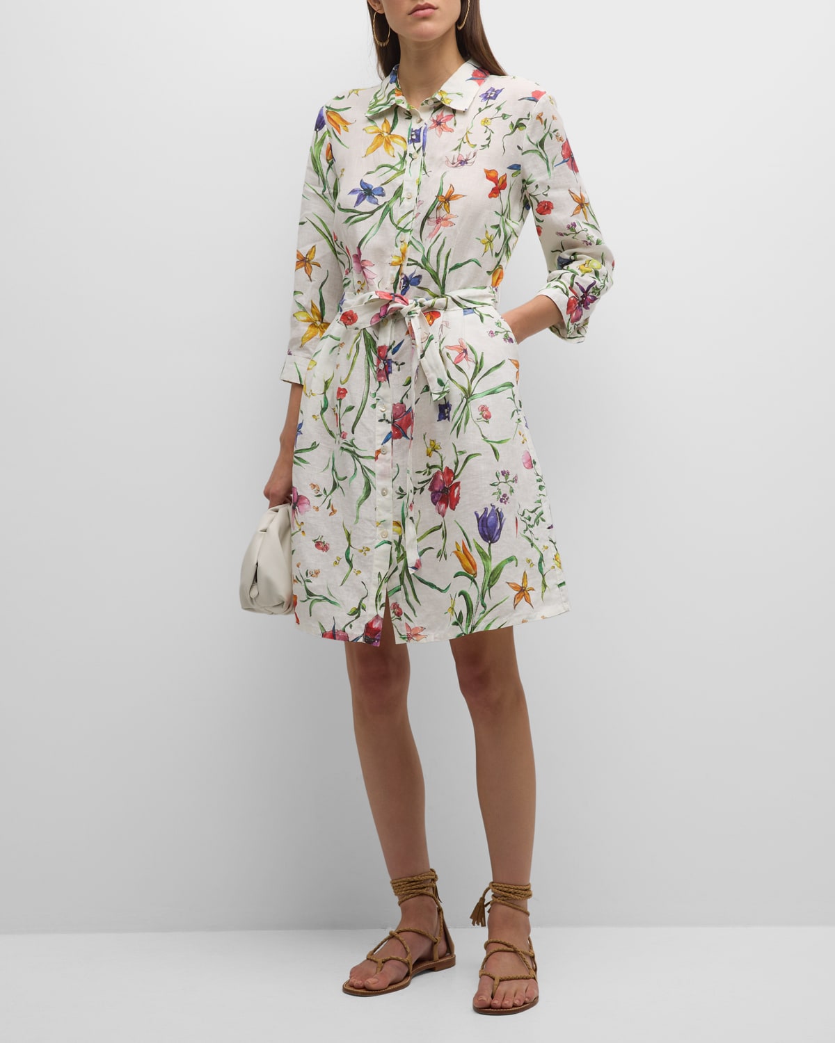 120% Lino Belted Floral-Print Linen Midi Shirtdress
