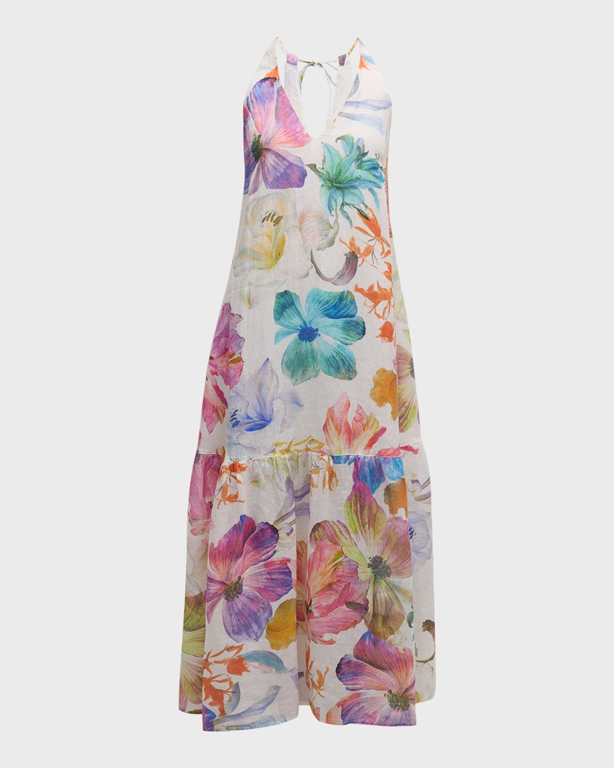 120% Lino Sleeveless Floral-Print Linen Halter Maxi Dress