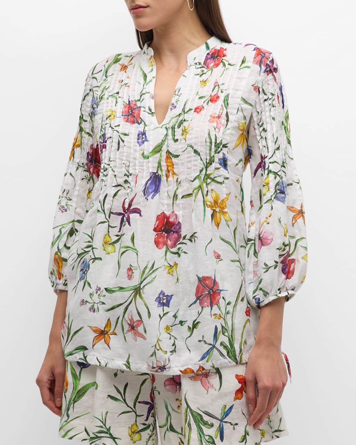 120% Lino Poet Floral-Print Pintuck Linen Blouse