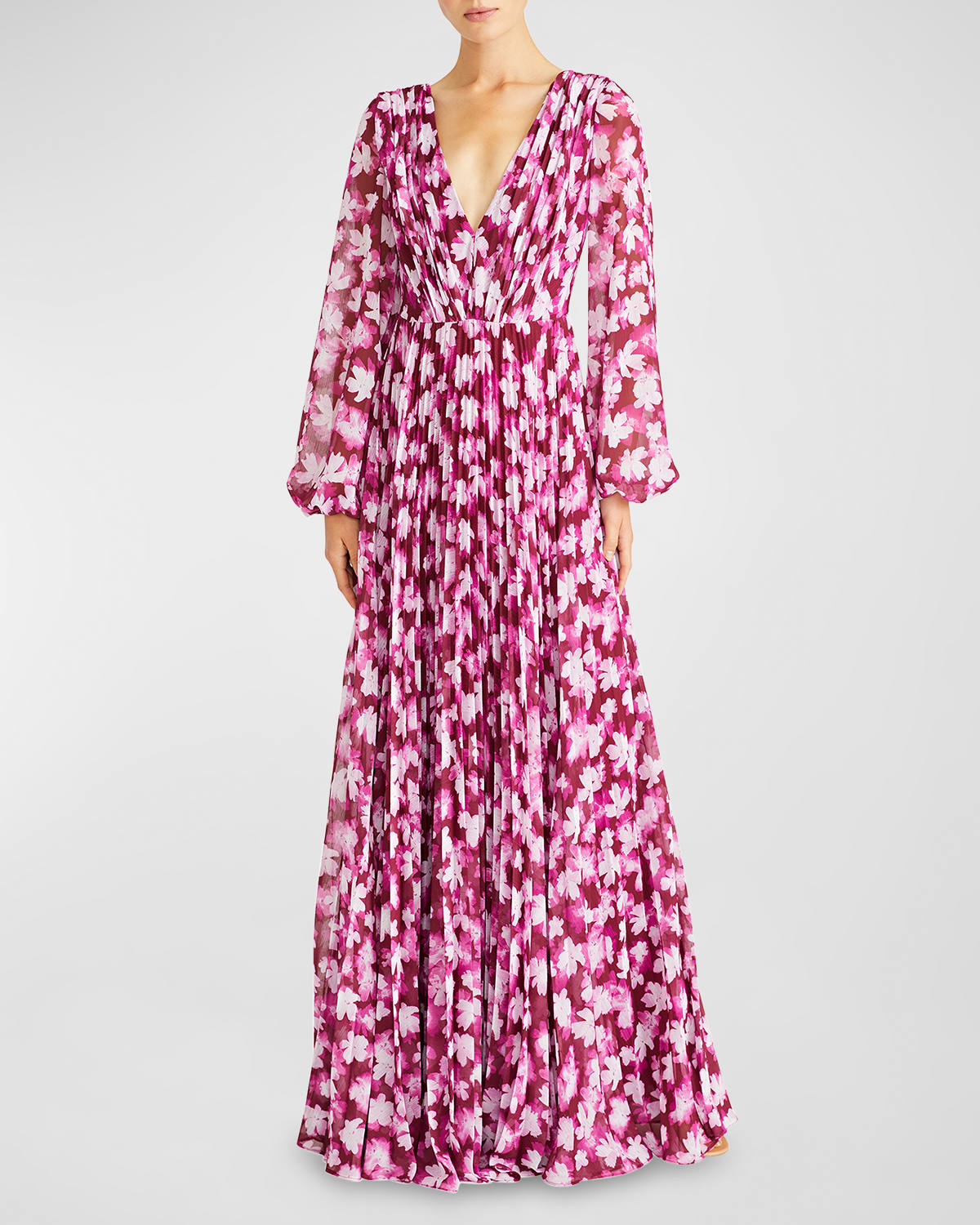 ML Monique Lhuillier Melanie Pleated Floral-Print Chiffon Gown