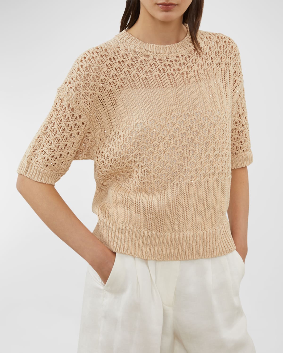 Peserico Crewneck Mixed-Stitch Sequin Sweater