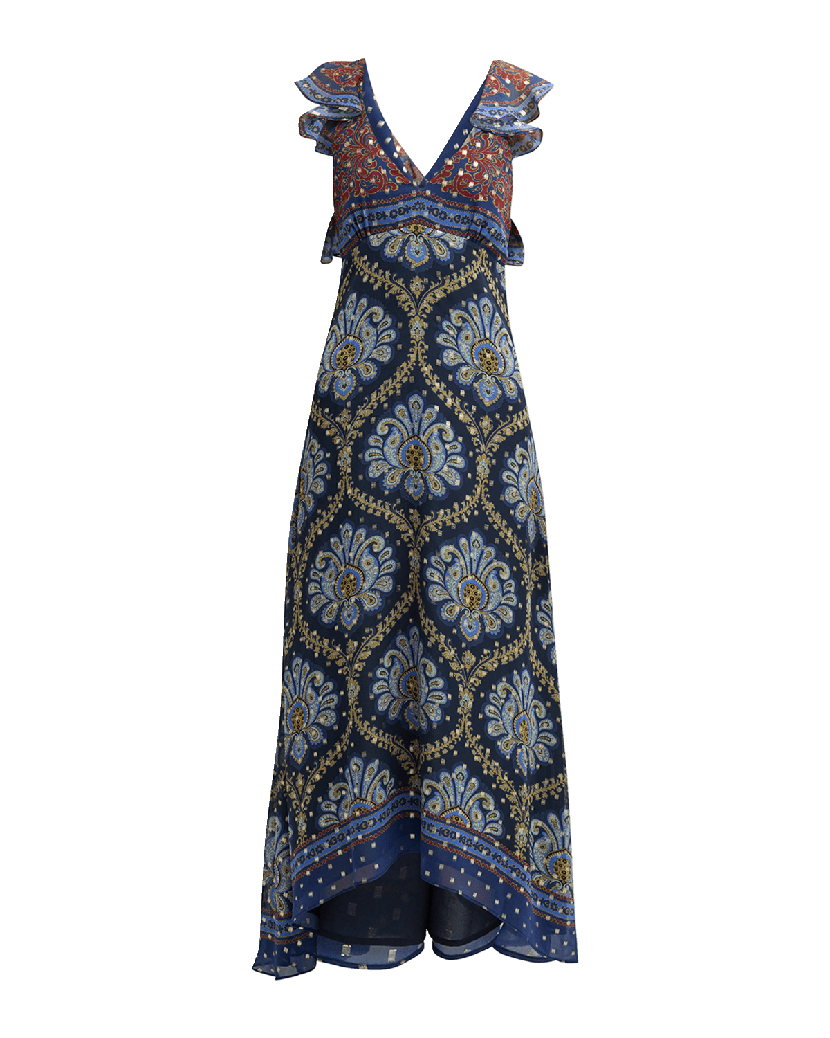 Etro Medallion-Print Metallic Silk Fil Coupe Ruffle Midi Dress