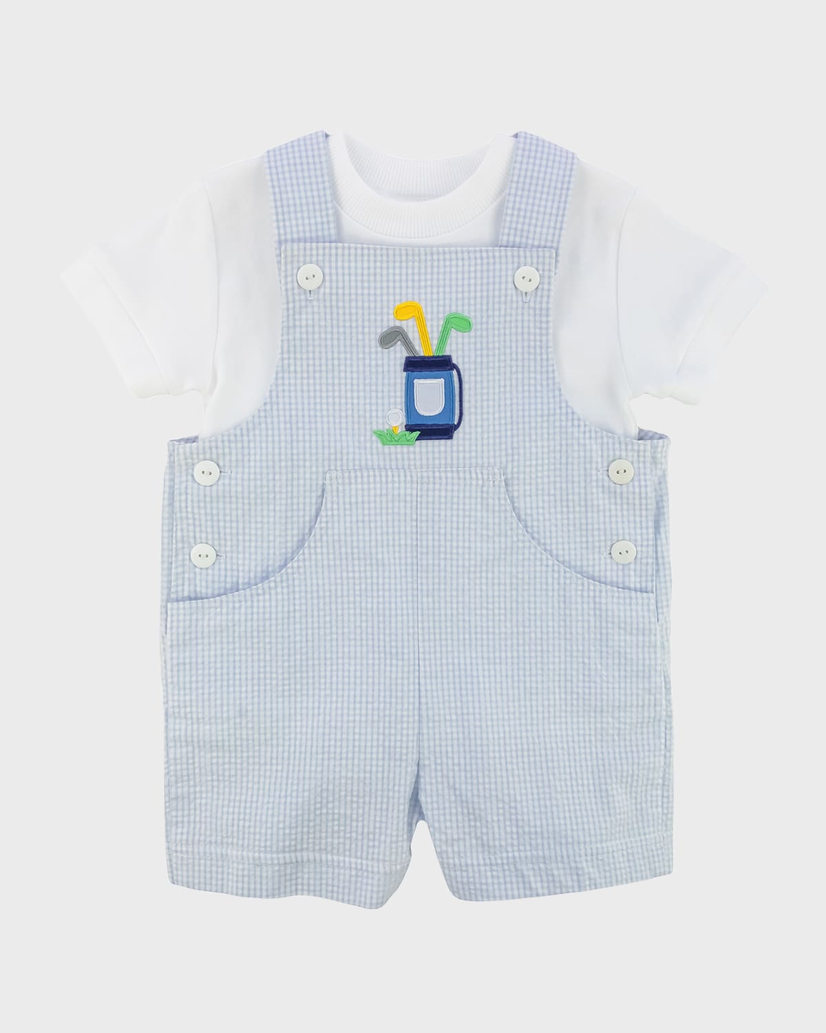 Florence Eiseman Boy's Seersucker Shortall W/ T-Shirt, Size 6M-24M