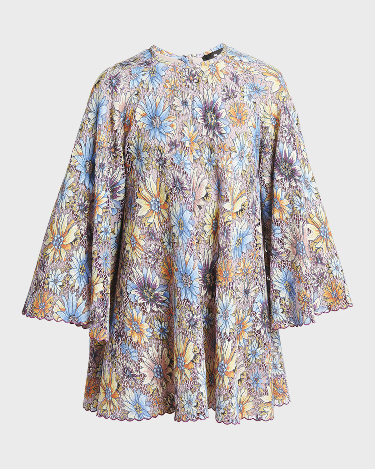 Etro Embroidered Floral Lace Bell-Sleeve Mini Dress