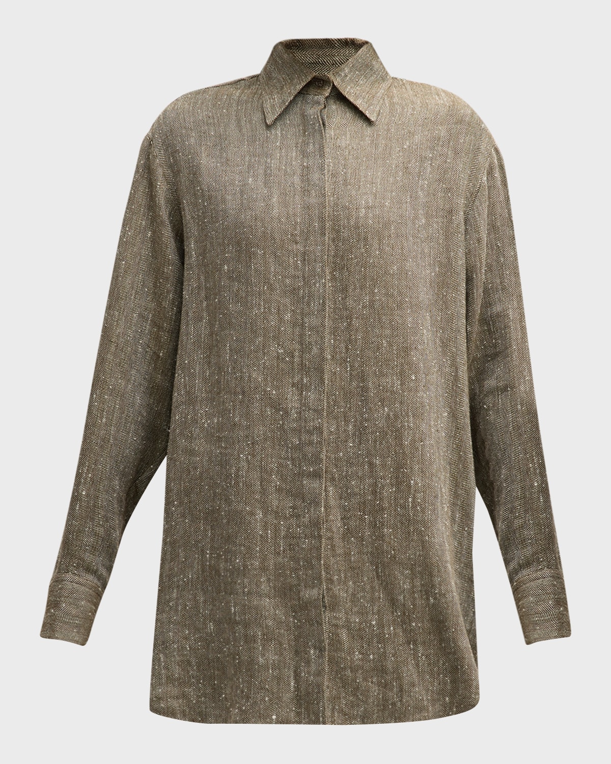 Brandon Maxwell Linen-Silk Herringbone Oversized Button-Down Shirt